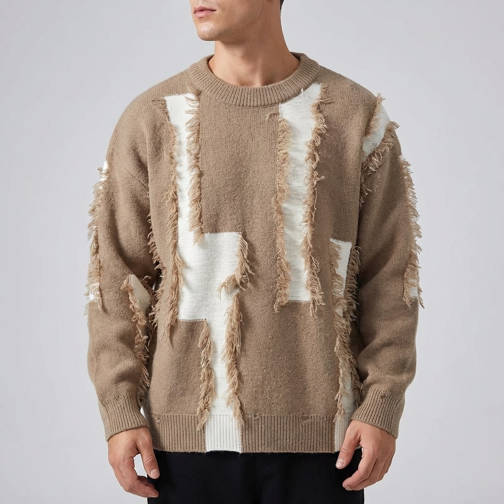Aiden Men's Distressed Sweater – Textured Knit Pullover with Bold Frayed Accents