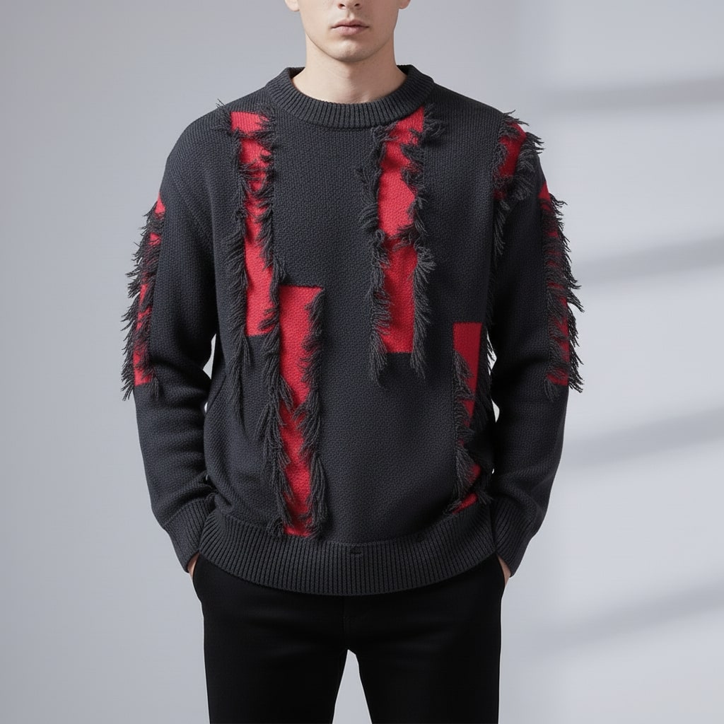 Aiden Men's Distressed Sweater – Textured Knit Pullover with Bold Frayed Accents