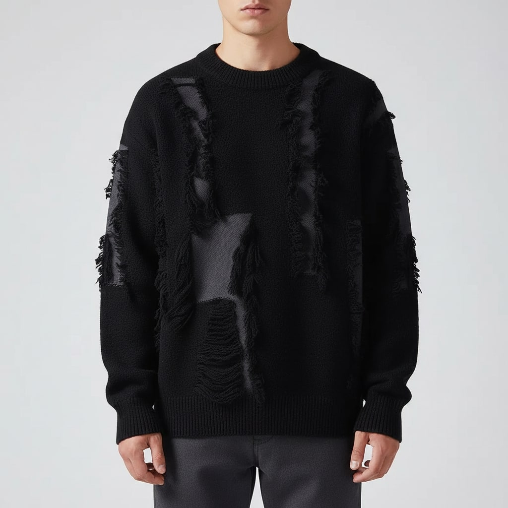 Aiden Men's Distressed Sweater – Textured Knit Pullover with Bold Frayed Accents