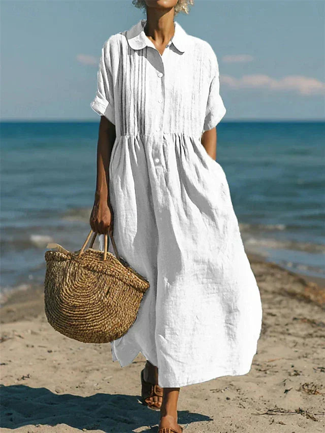 button up dress midi Luciana Cotton Button Up Shirt Dress – Lightweight Midi Dress