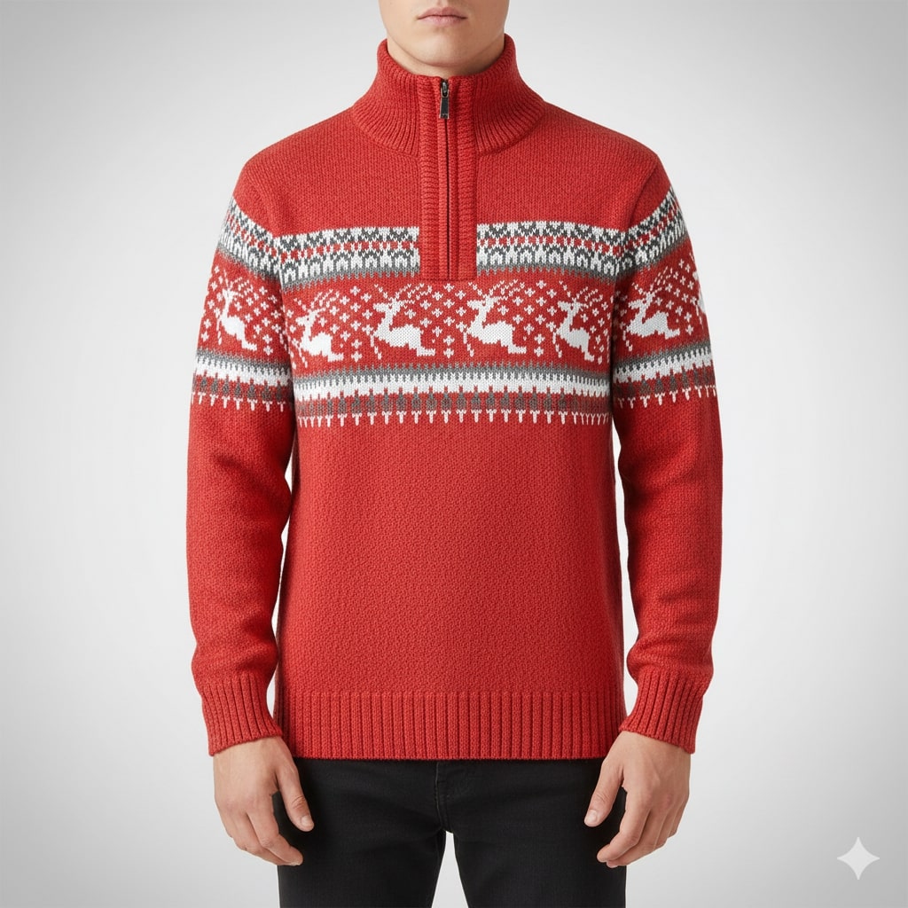 Aldrey Men's Wool Knit Quarter-Zip Christmas Sweater Pullover