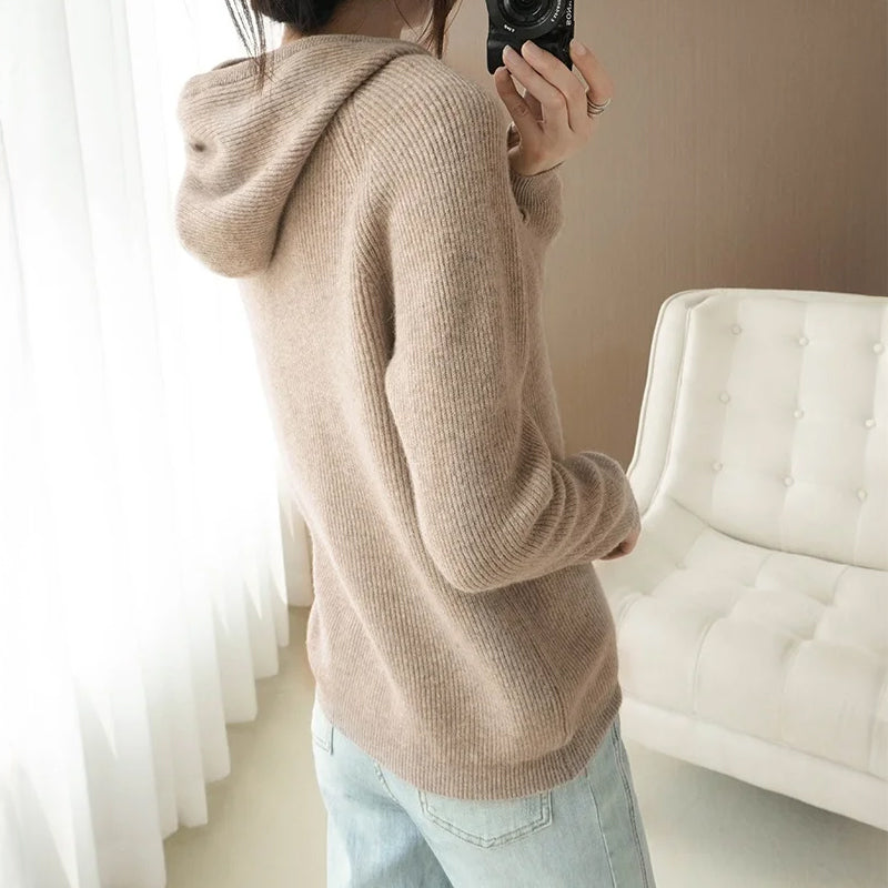 Alona Women's Relaxed Fit Ribbed Knit Hoodie – Soft Wool Blend Sweater
