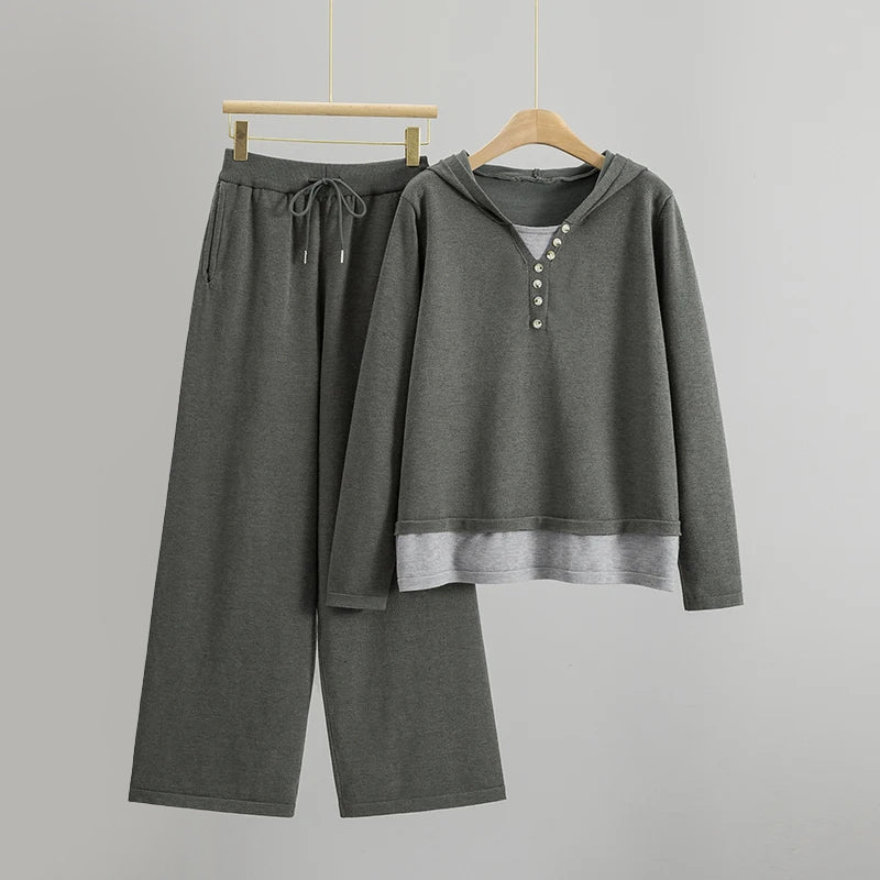 Alyna Women's Knit Lounge Set – Cozy Hooded Sweater & Wide-Leg Pants