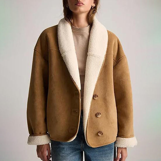 Amina Women's Suede Jacket – Shearling Lining and Relaxed Lapel Style