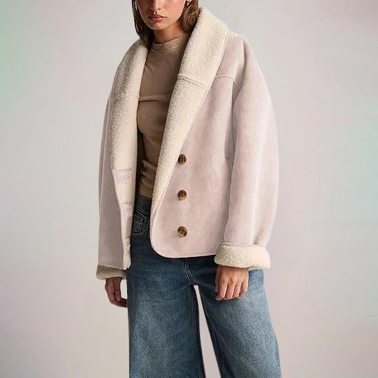 Amina Women's Suede Jacket – Shearling Lining and Relaxed Lapel Style