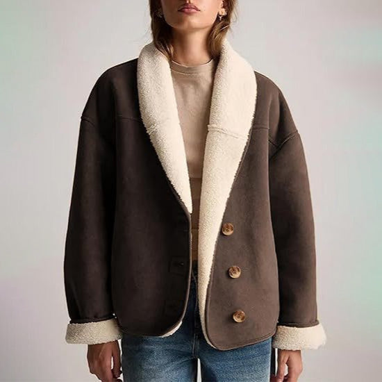 Amina Women's Suede Jacket – Shearling Lining and Relaxed Lapel Style