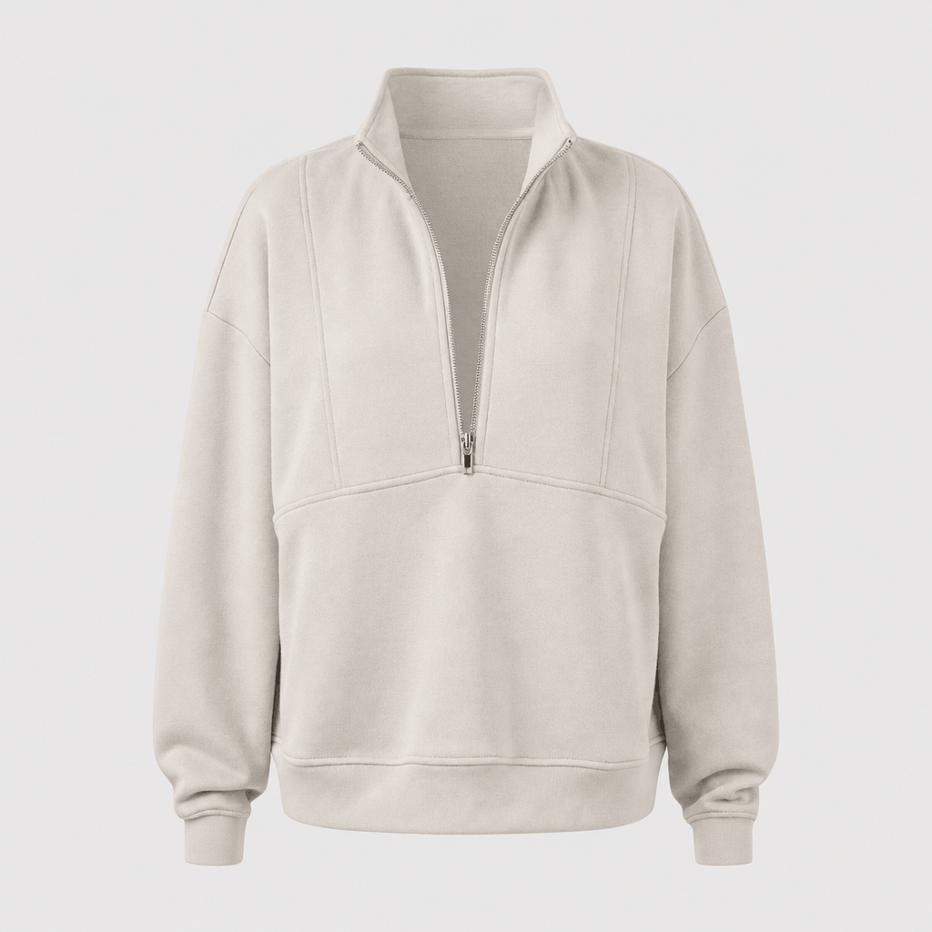 Front product view of the beige quarter-zip pullover with a relaxed fit, ribbed cuffs, and hem.