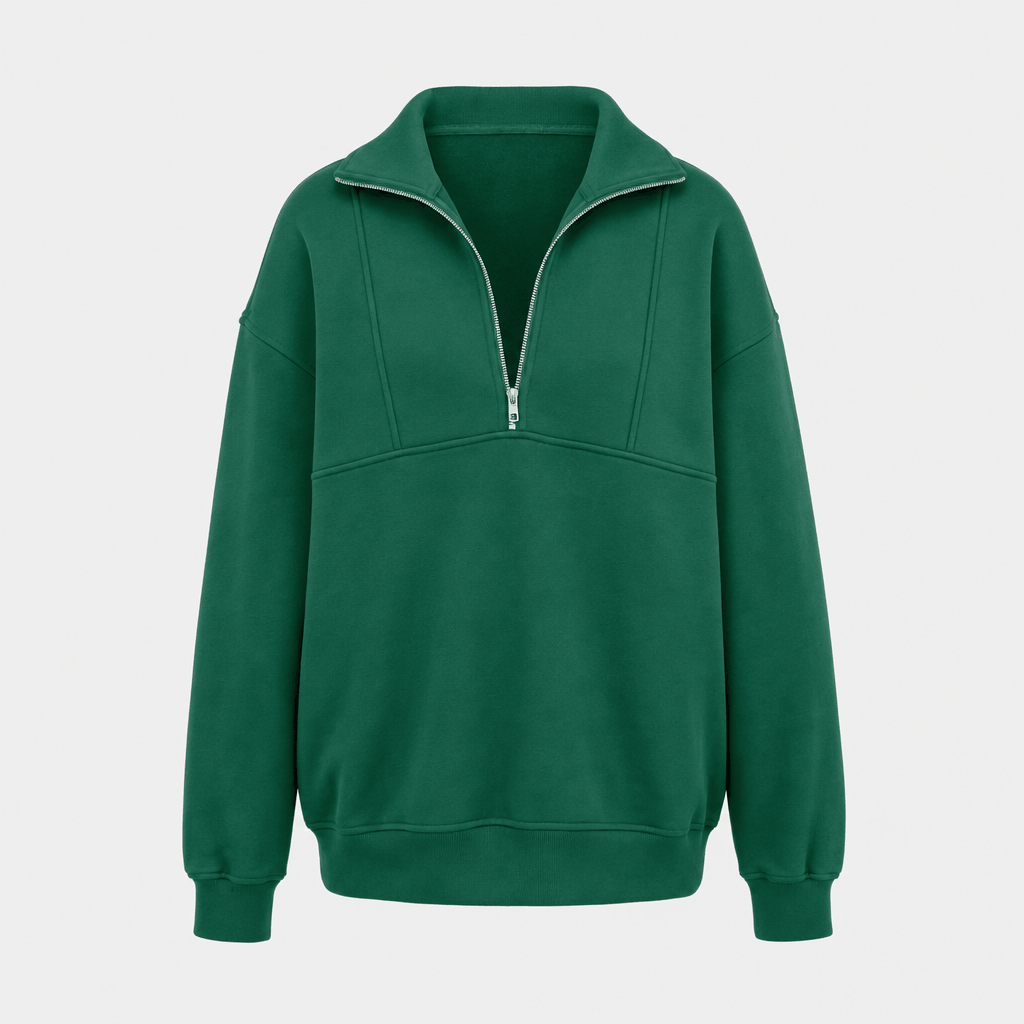 Front product view of the dark green quarter-zip pullover with a quarter zipper and ribbed cuffs and hem.