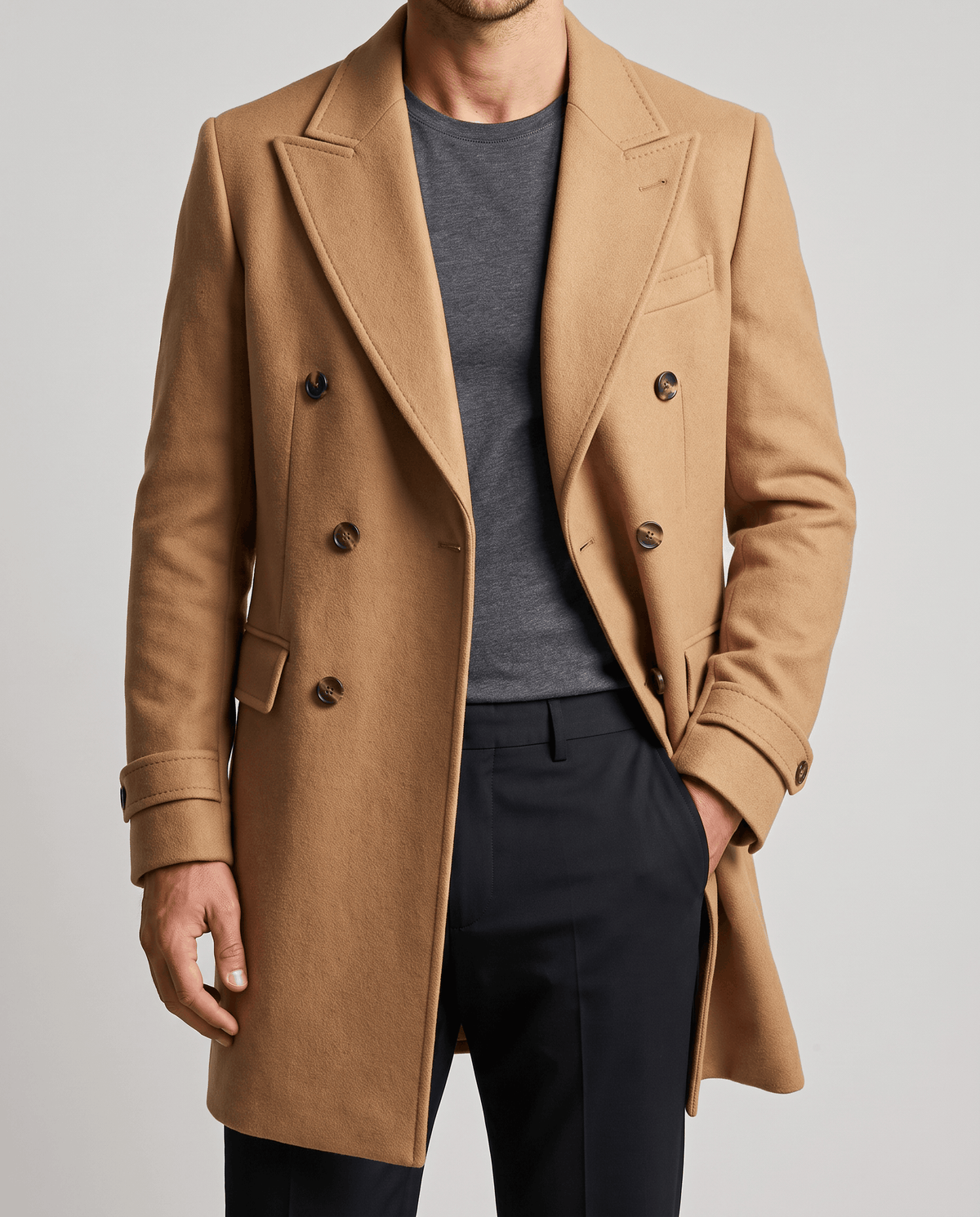 Side profile of a beige double-breasted wool coat with notch lapel and button front
