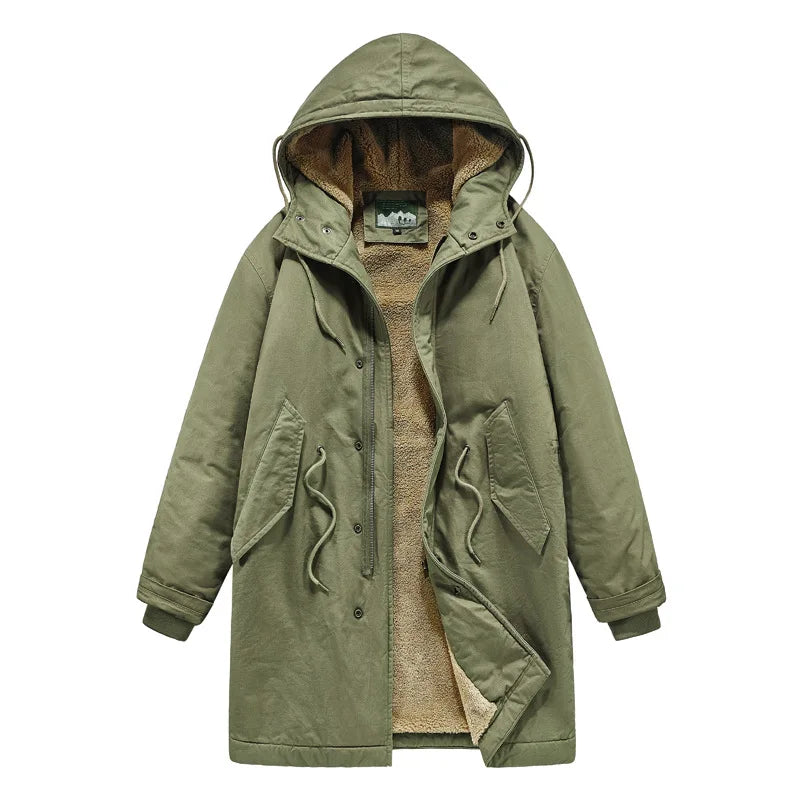 Army green cotton hooded parka laid flat with the fleece lining visible