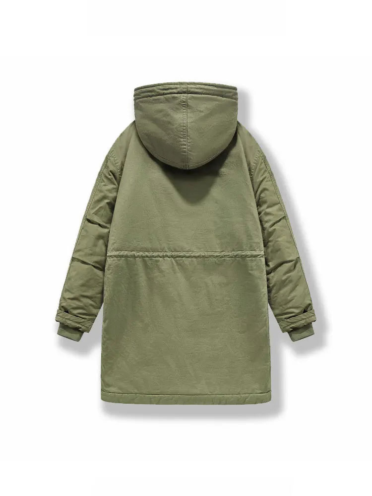 Army green cotton hooded parka laid flat, back view