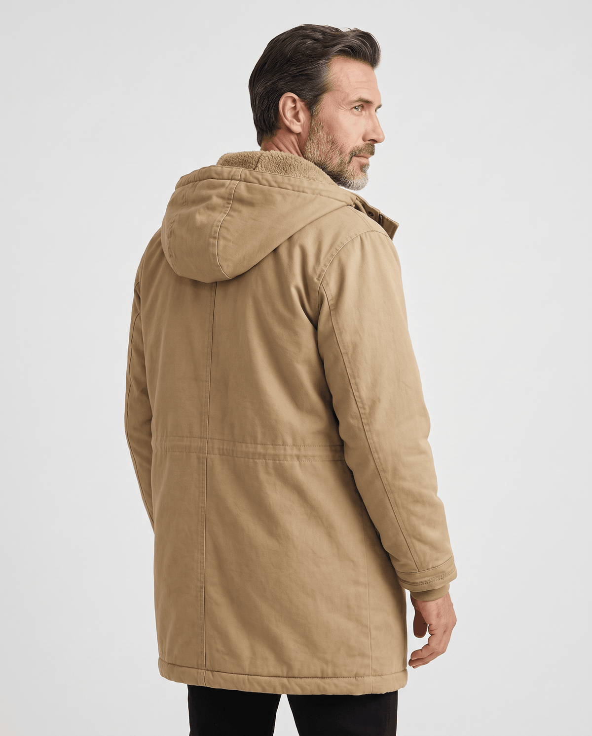 Men's khaki cotton hooded parka, back view with hood