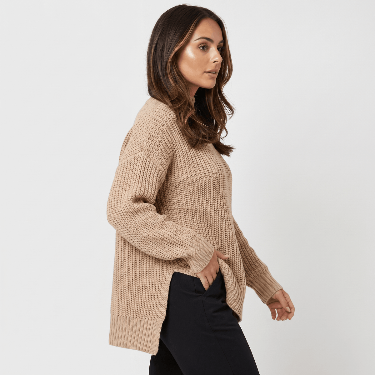 Seraphina Chunky Knit Sweater – Mock Neck Slit Pullover