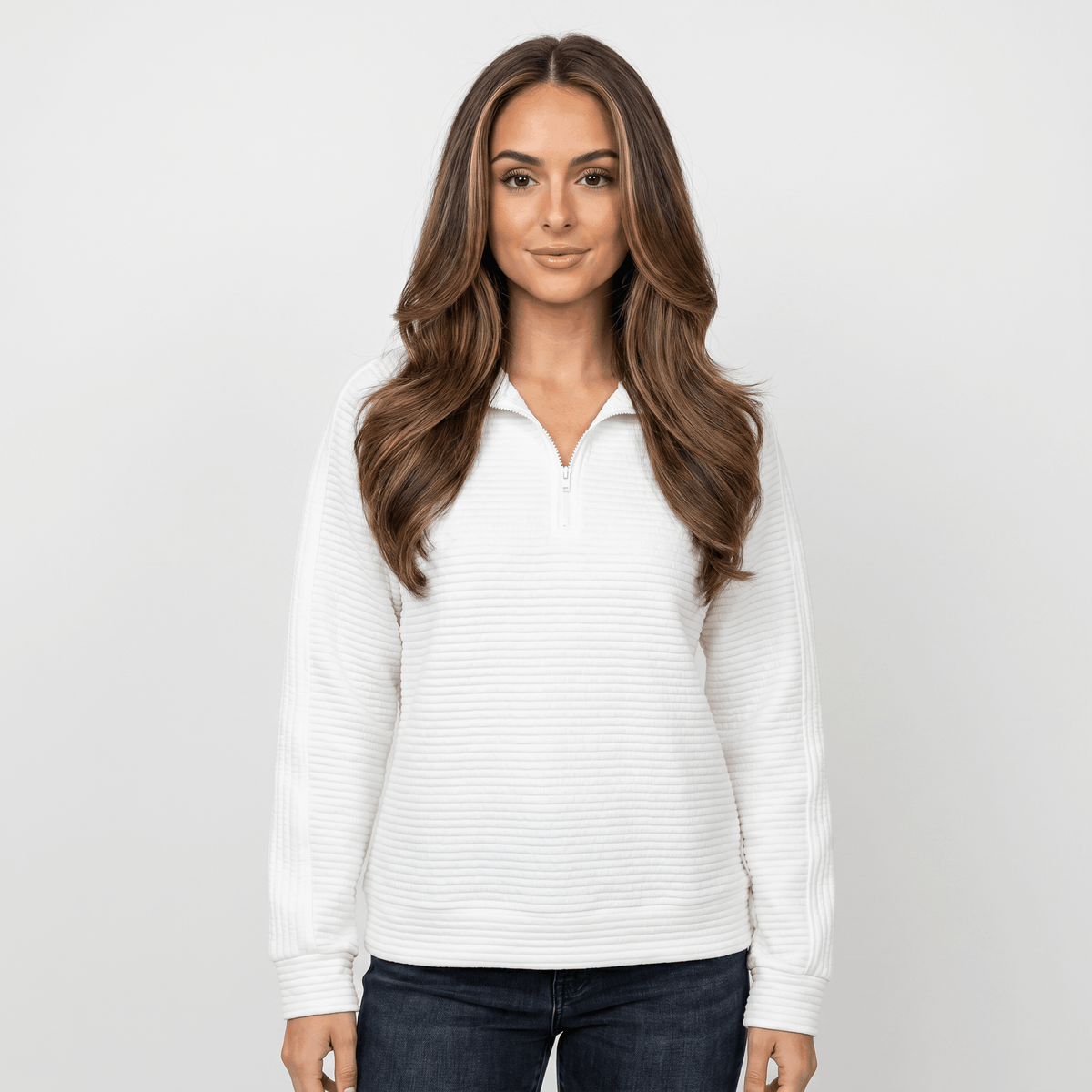 Vivienne Ribbed Knit Sweater – Quarter-Zip Stand Collar Pullover