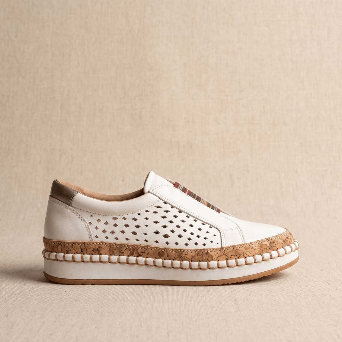 Ariana Leather Slip-On Sneakers – Perforated Cork-Sole Elastic-Band Footwear