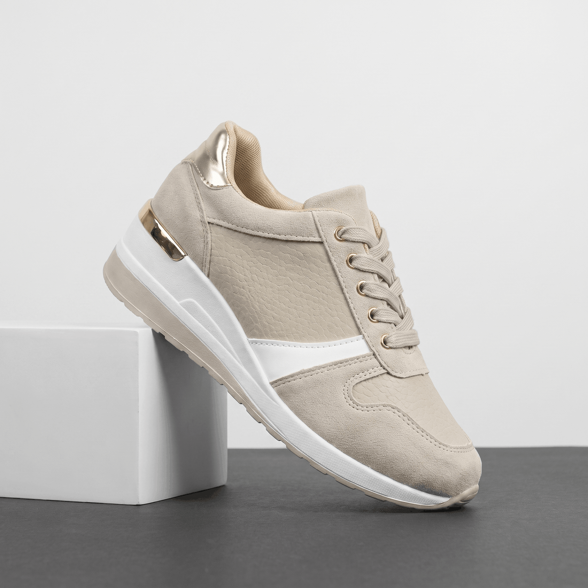 Aria Mesh Suede Sneakers – Lace-Up Hidden-Wedge Cushioned Trainers
