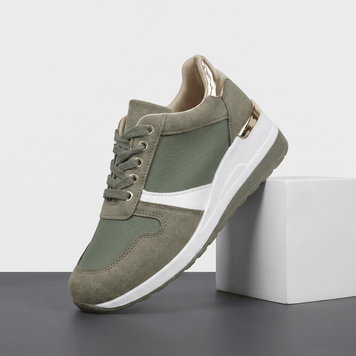 Aria Mesh Suede Sneakers – Lace-Up Hidden-Wedge Cushioned Trainers
