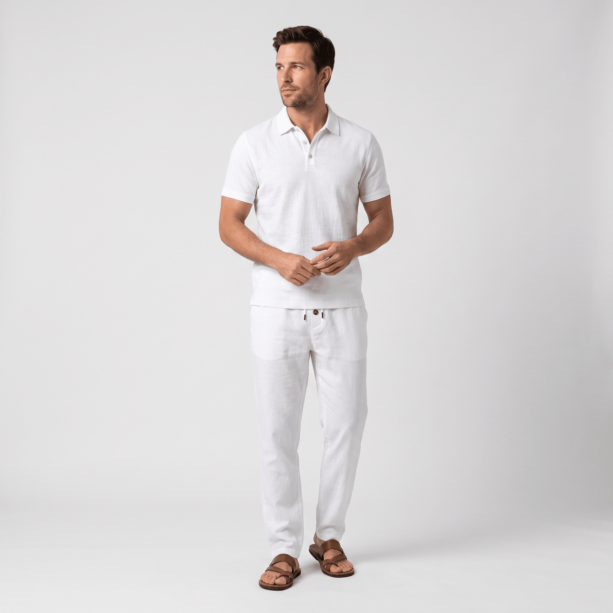 Thomas Textured Linen Polo Set – Relaxed Fit Drawstring Wide-Leg Loungewear