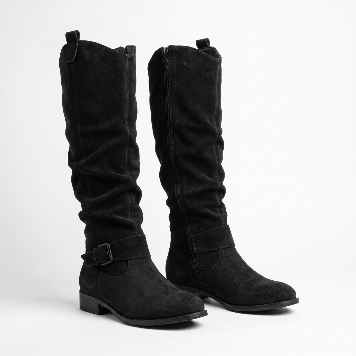 Aria Slouch-Shaft Knee-High Boots – Flat-Heel Adjustable-Strap Lined Footwear