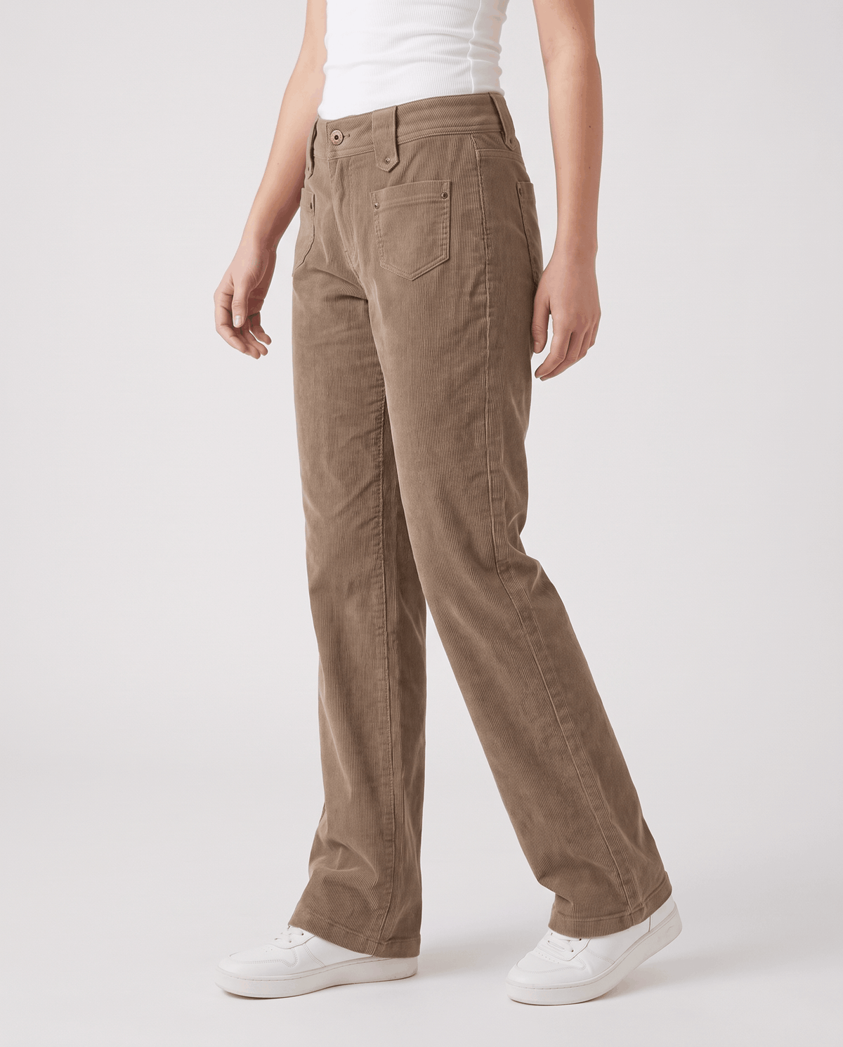 Side profile of brown-khaki corduroy pants showing the low rise and straight thigh