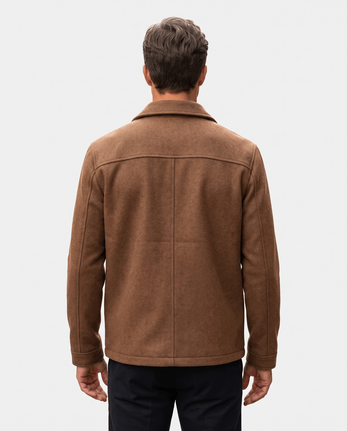Camel brown jacket seen from the front with the buttons fastened