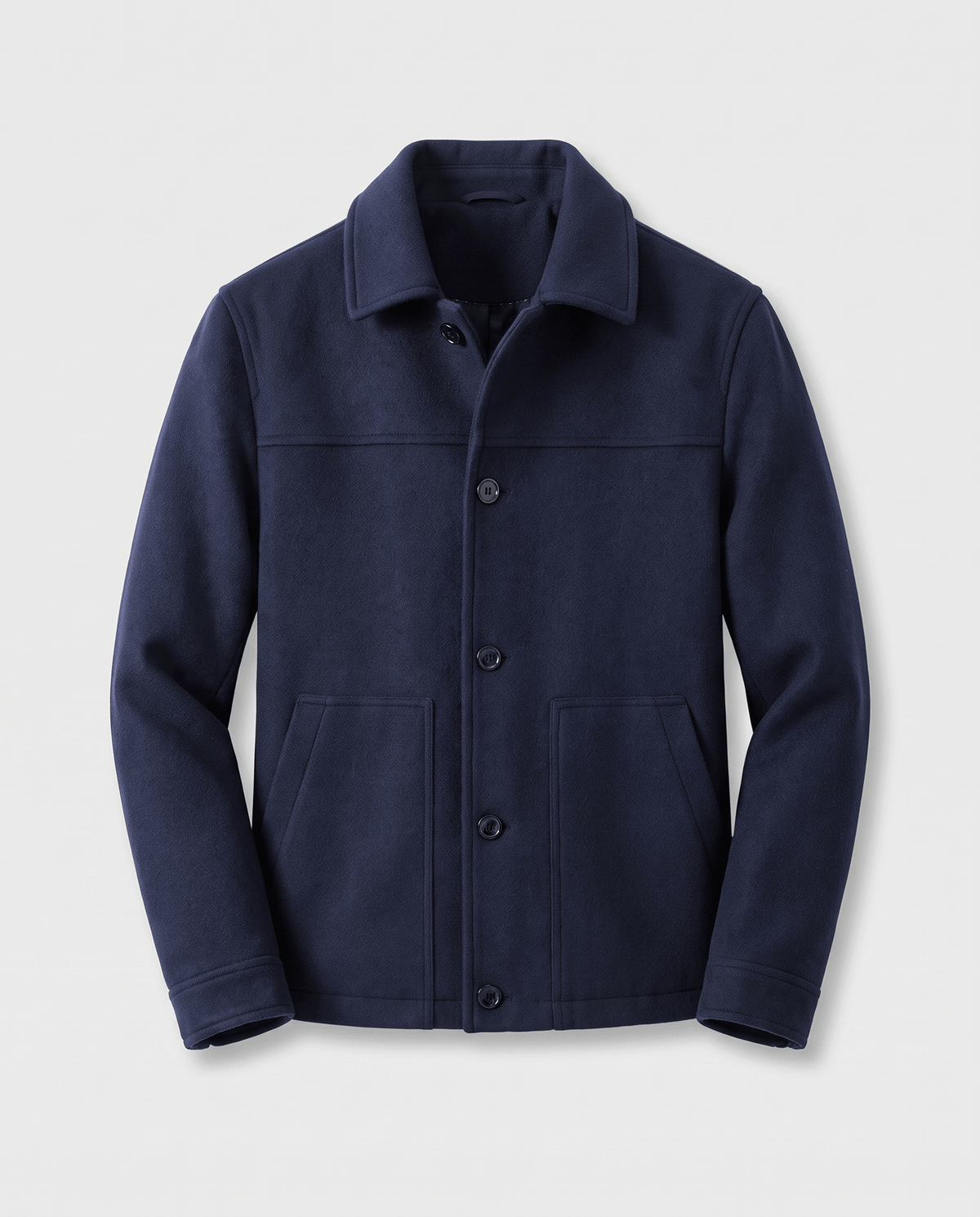 Navy jacket shown flat from the front, straight hem and plain cuffs