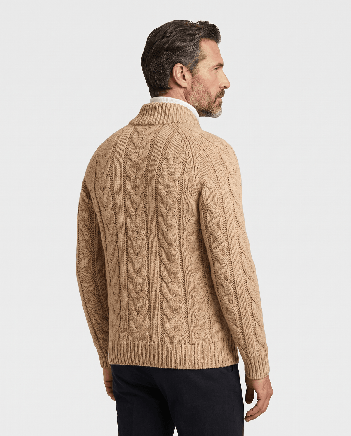 Back view of light brown cable knit cardigan with stand collar