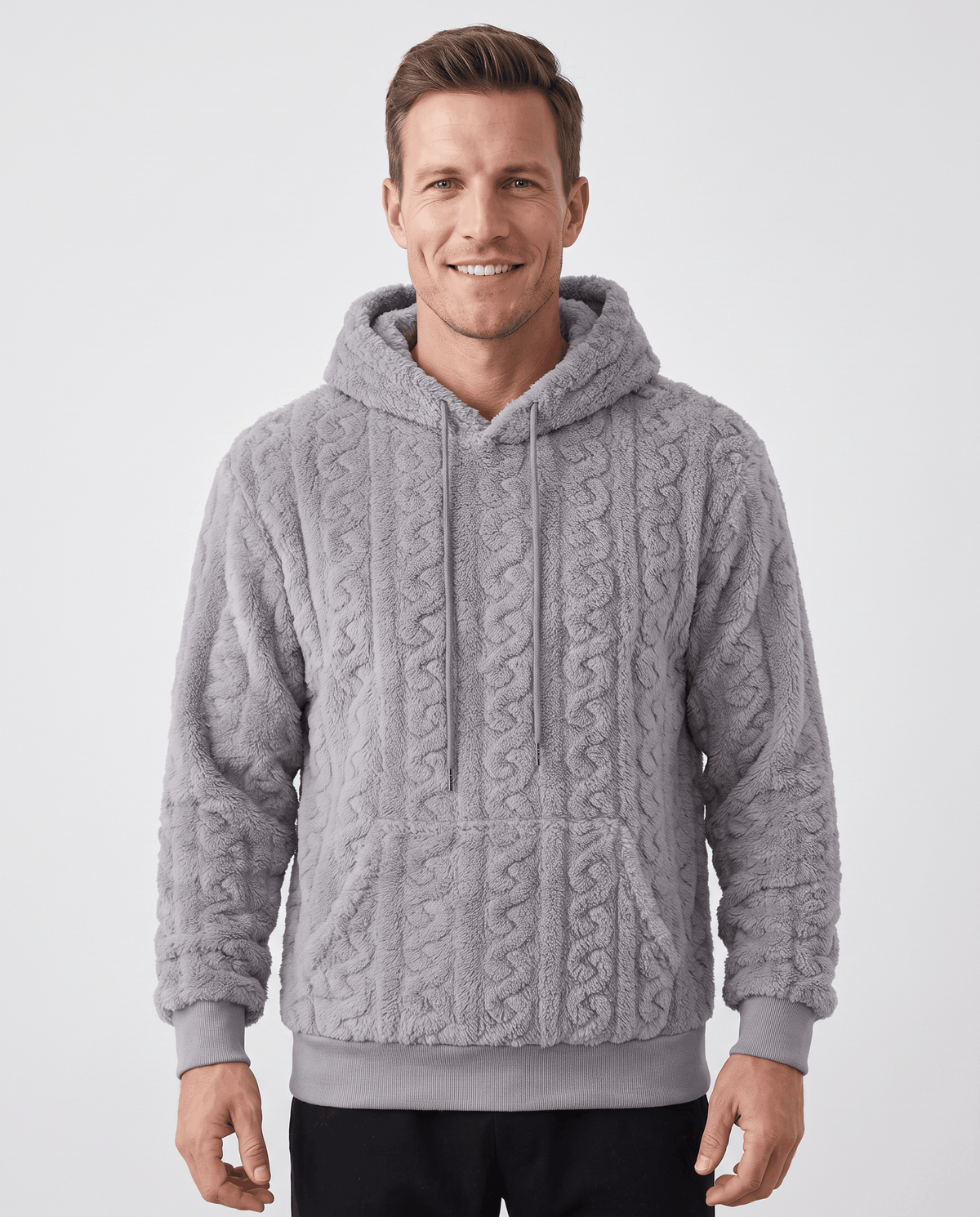 Front view of gray hoodie with plush cable texture and front kangaroo pocket