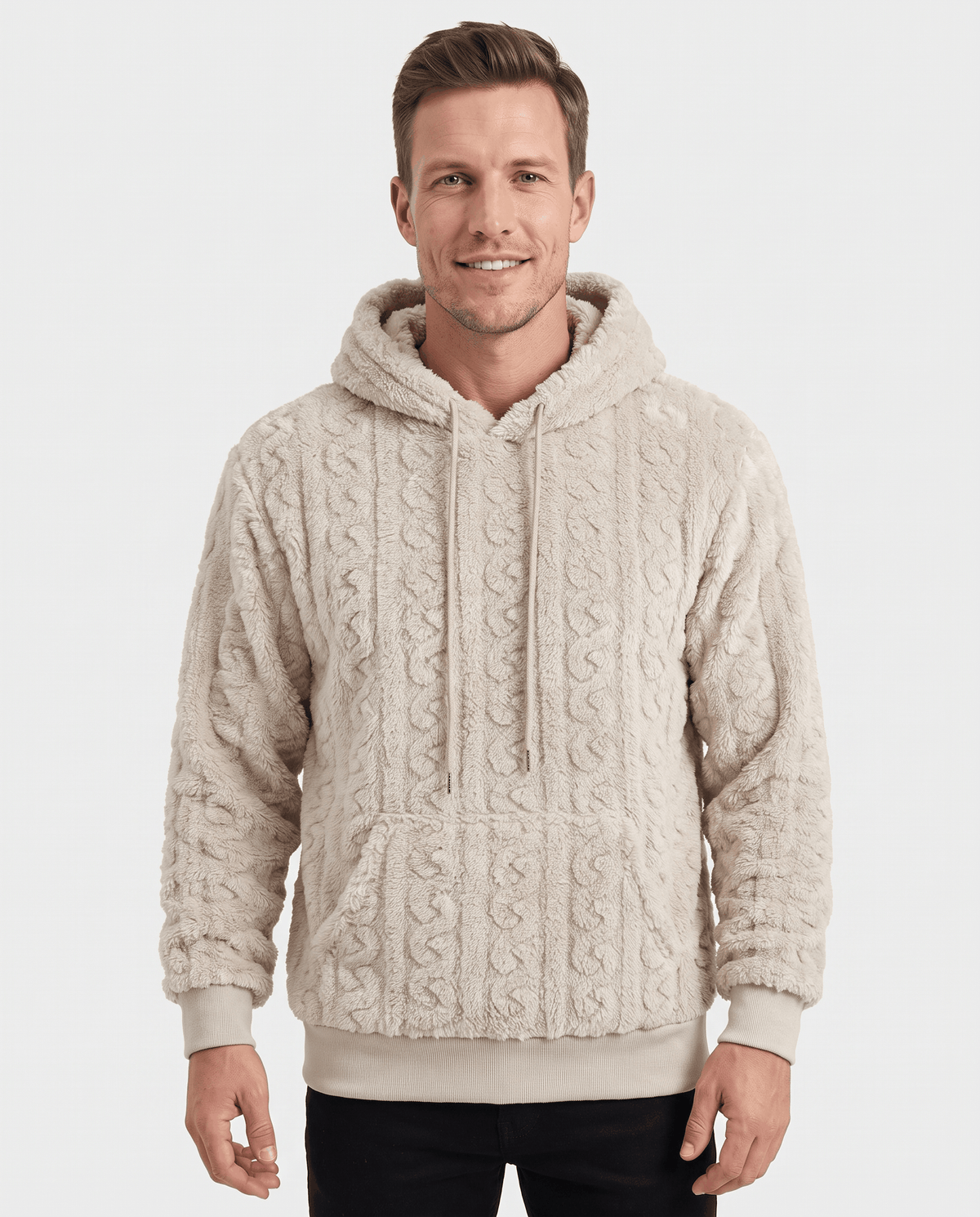 Front view of off-white hoodie with cable texture and a smiling model