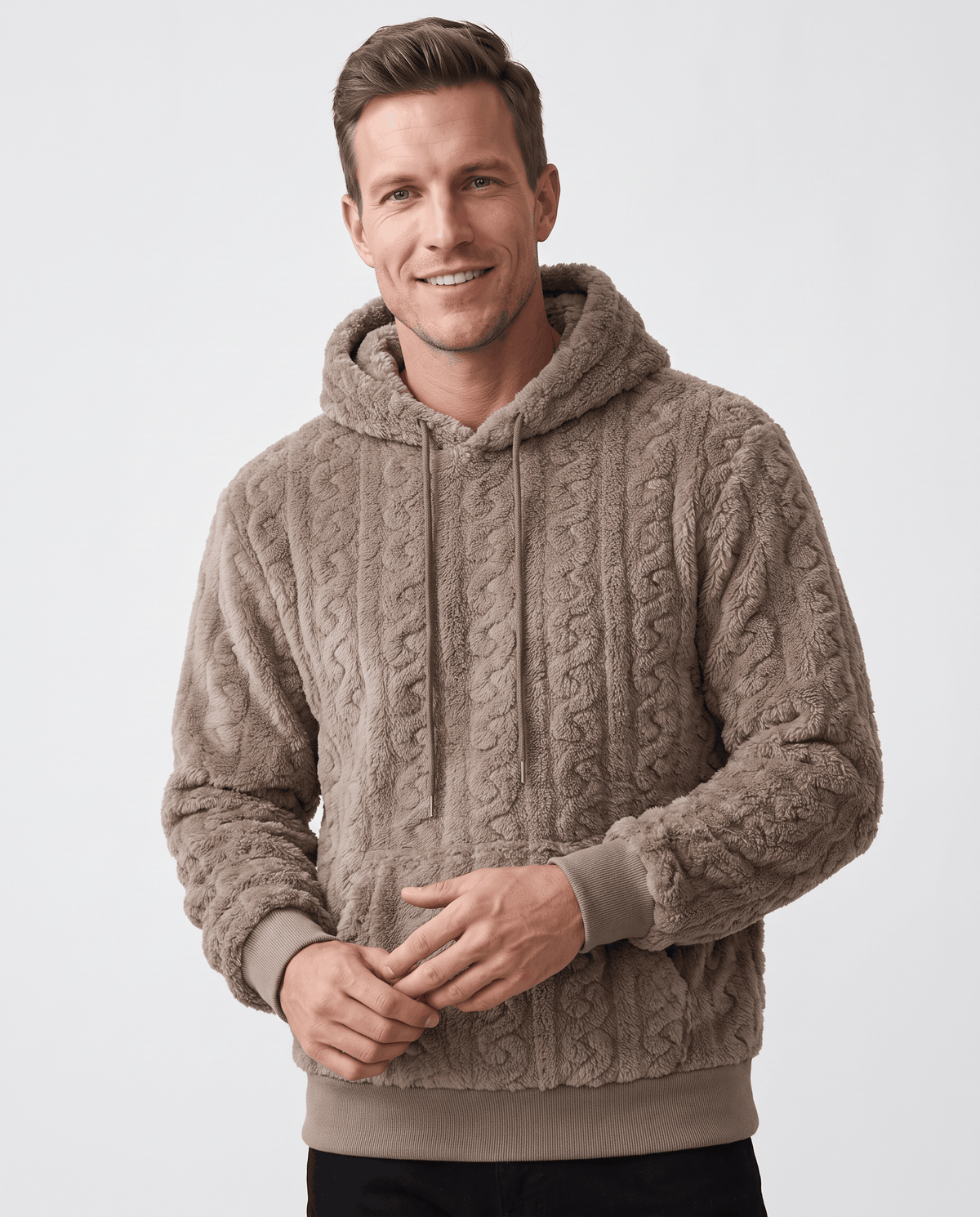 Men's cable knit hoodie in taupe with plush fleece texture, drawstring hood and ribbed cuffs