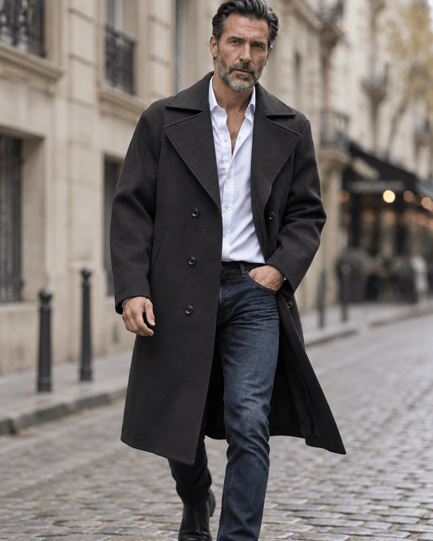 Man walking on a cobblestone street in a black overcoat, white shirt and blue jeans