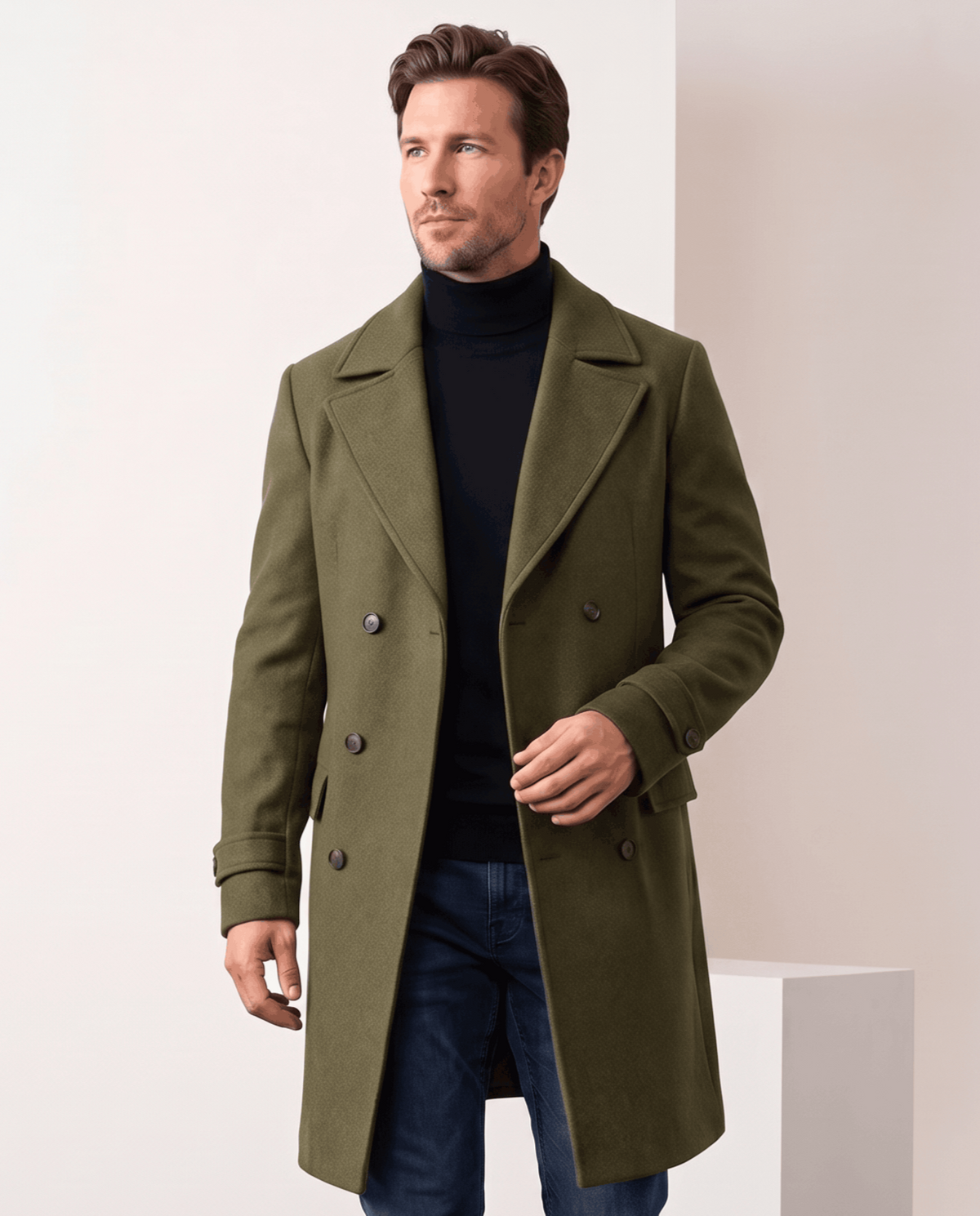 Man wearing a long olive green double-breasted wool coat with notch lapels over a black turtleneck