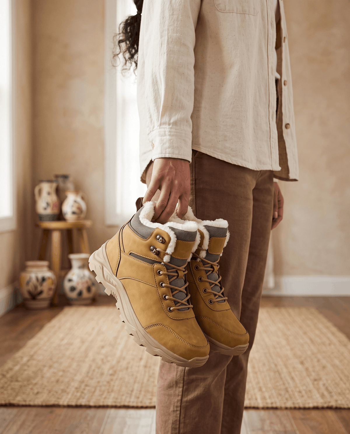 Person holding gray insulated lace-up winter boots indoors.