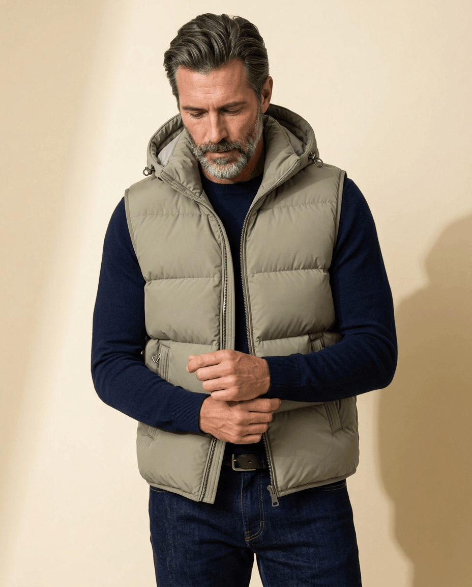 Beige quilted vest with hood over a navy sweater, hands together in a warm studio setting
