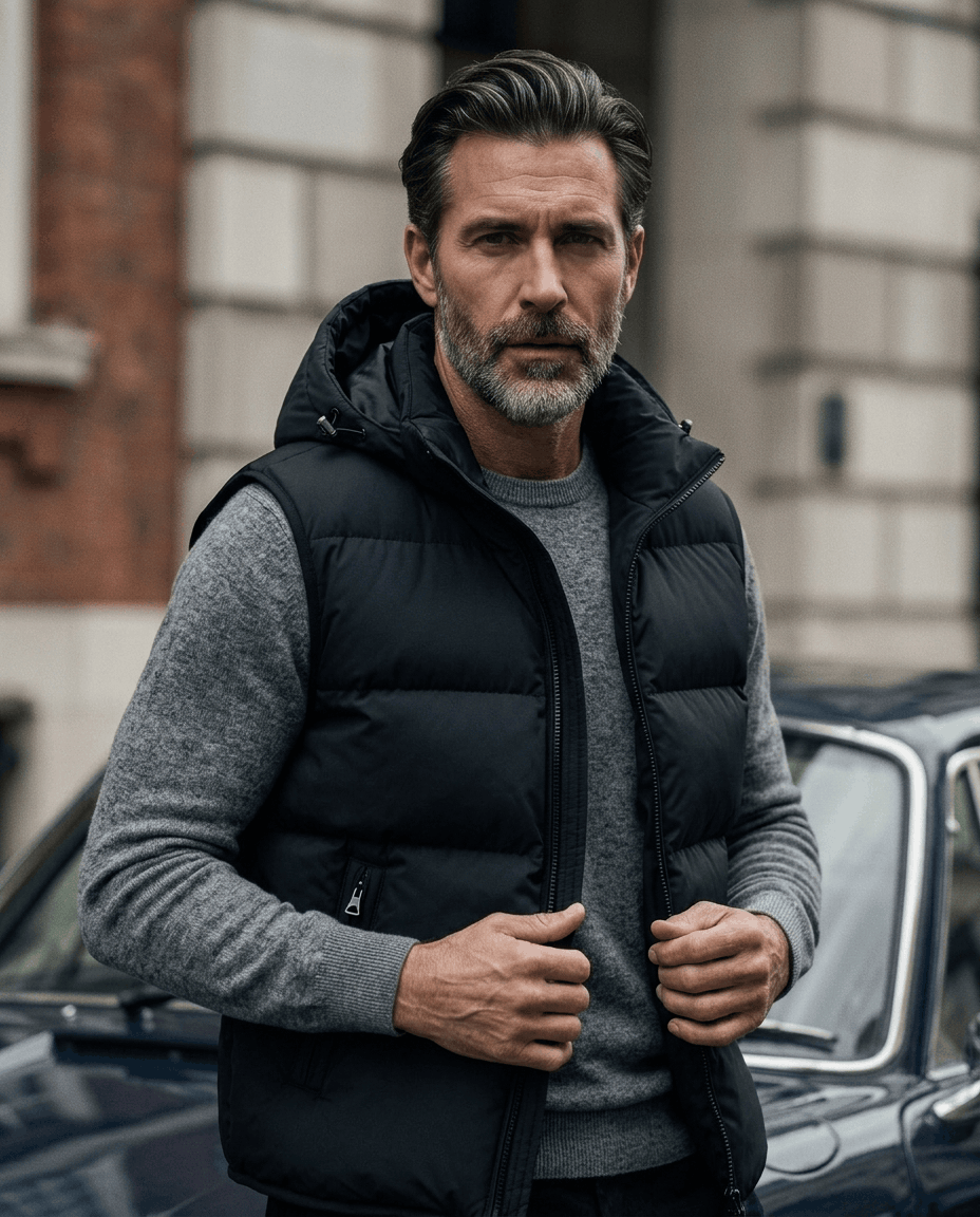 Close-up of black quilted vest with hood, hands at the front zip beside a parked car