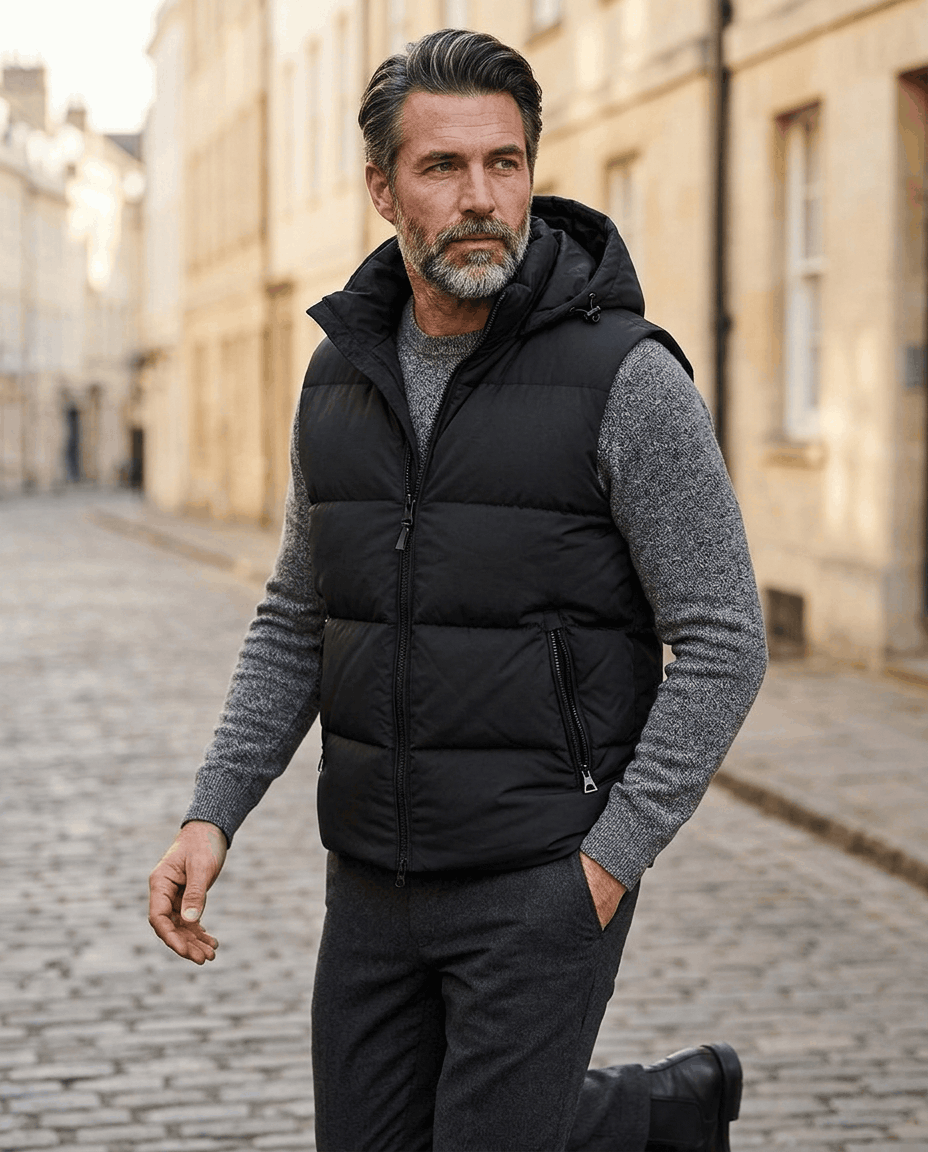 Black quilted hooded vest worn over a gray sweater on a cobbled city street