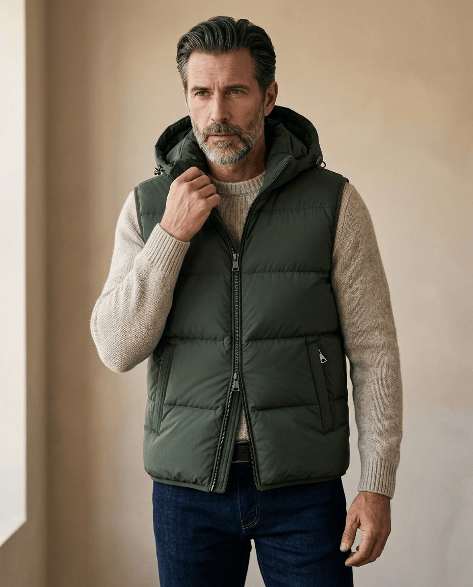 Man in green quilted vest with hood, holding the zipped collar against a warm beige wall