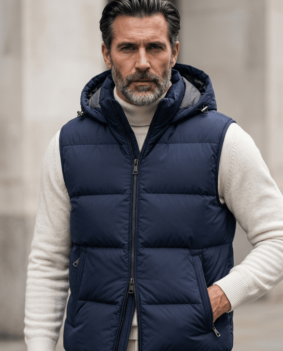 Close-up of navy quilted vest with front zip and hand resting in the side pocket