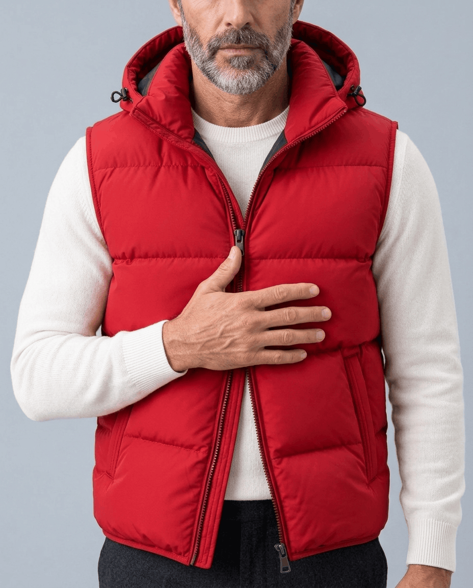 Close-up of red quilted vest with hood, one hand resting on the front zip