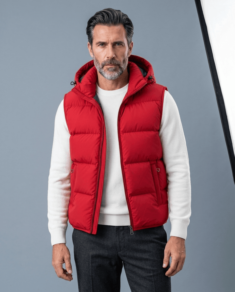 Red hooded quilted vest over a white sweater, standing front-on against a gray-blue backdrop