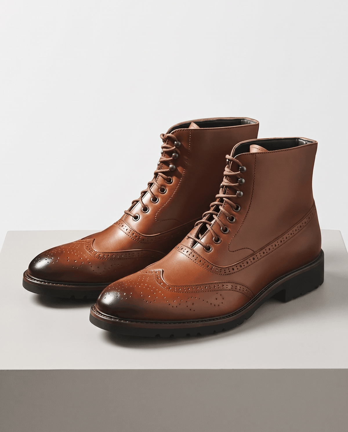 Men's brown leather ankle boots with brogue detail, shown as a pair on a gray plinth