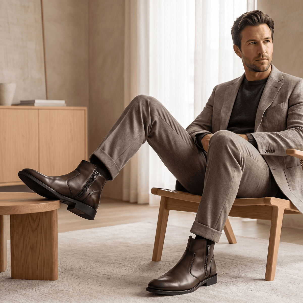 Burnished dark brown leather dress boots featuring a pointed toe, inside zip closure, and a low stacked block heel.