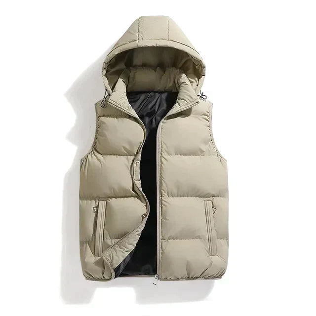 Khaki padded vest with detachable hood and front pockets laid flat