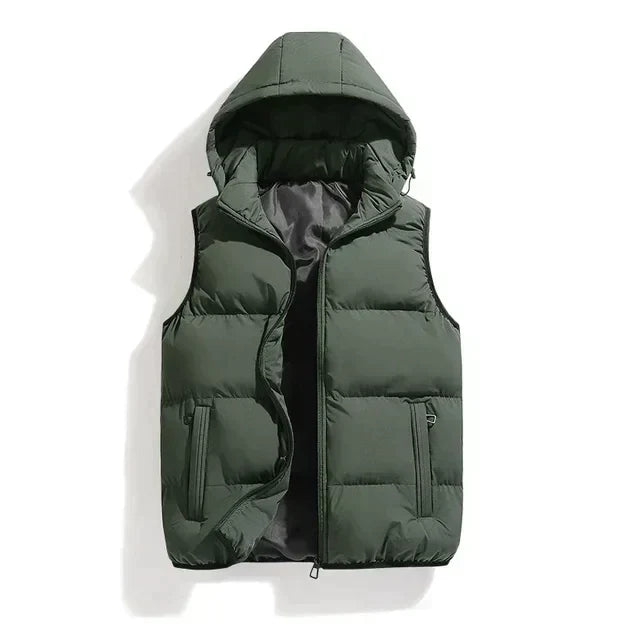 Military green padded vest with detachable hood and front pockets laid flat