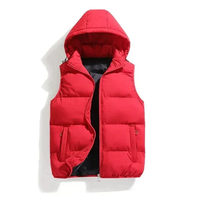 Red padded vest with detachable hood and front pockets laid flat