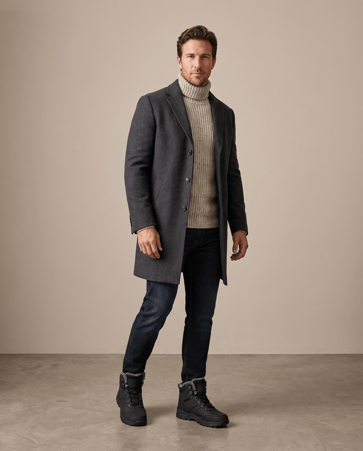 Man wearing black winter boots with a long dark coat and jeans.