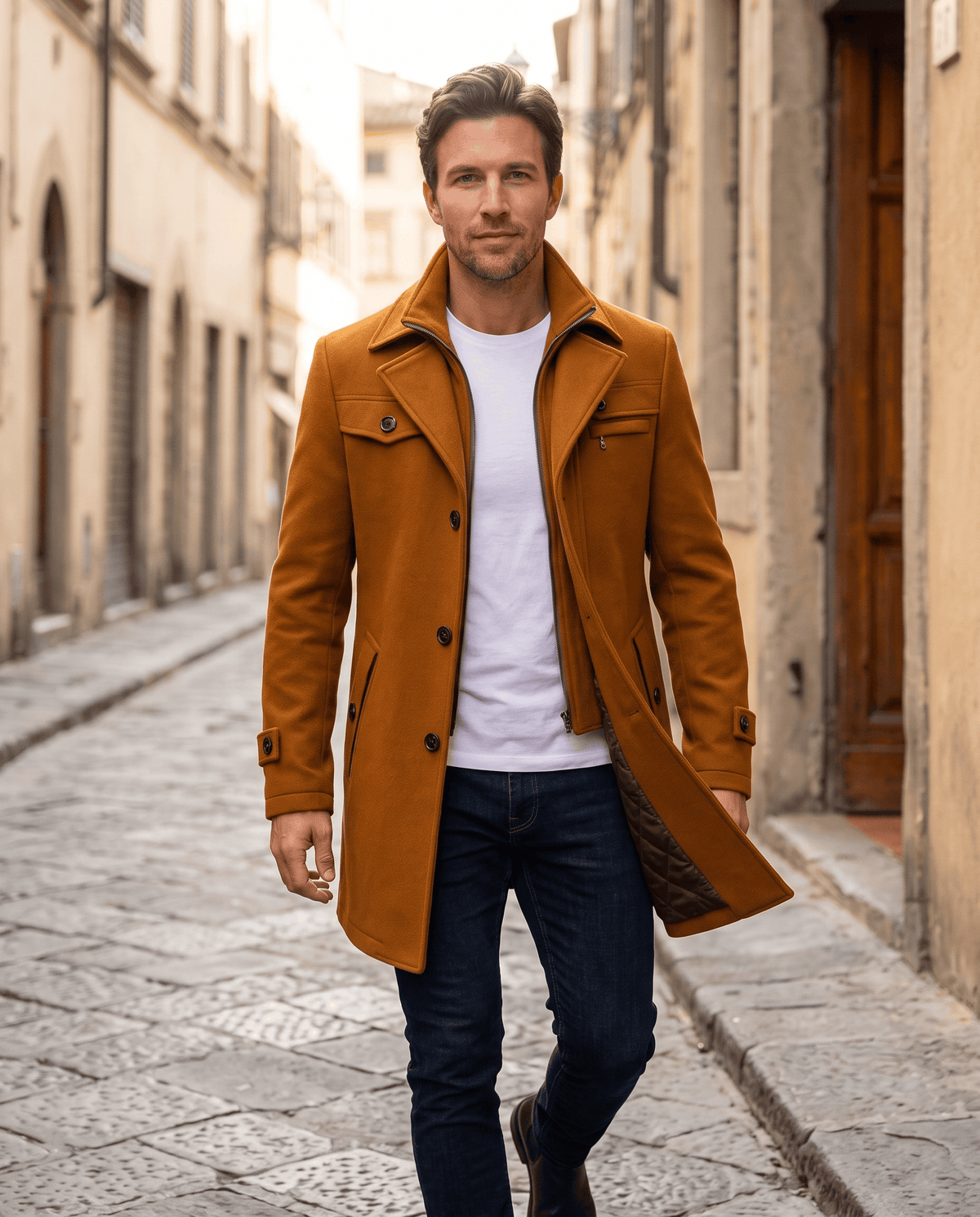 Man walking a cobblestone street in the brown overcoat, white tee and jeans