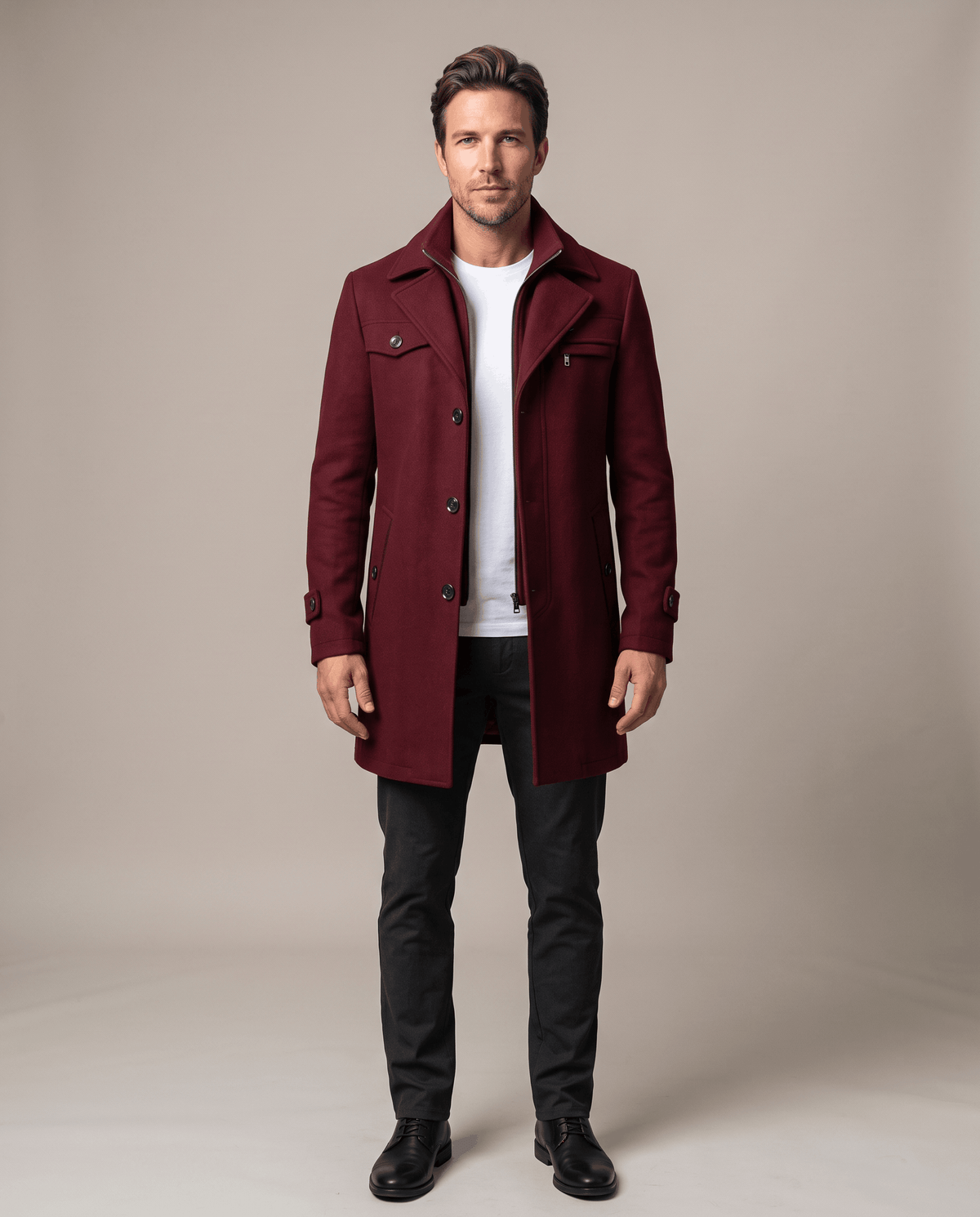 Front view of the burgundy overcoat buttoned over a white tee
