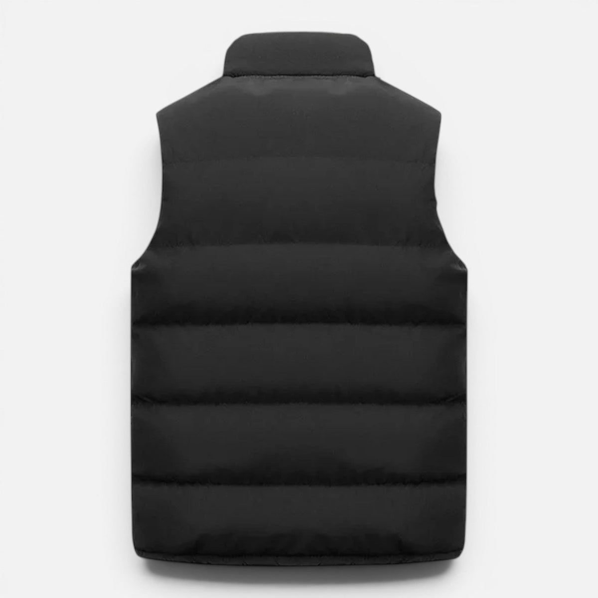Black quilted vest laid flat, back view showing horizontal quilted panels and high collar