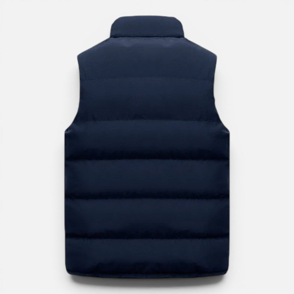 Navy quilted vest laid flat, back view showing horizontal quilted panels and high collar